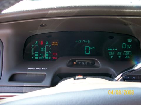 1995 Mercury Grand Marquis - Digital dash showing 0 MPH, 119174.6 odometer, PRND21 gear range and UNLEADED FUEL ONLY; photo dated 04/08/2008.