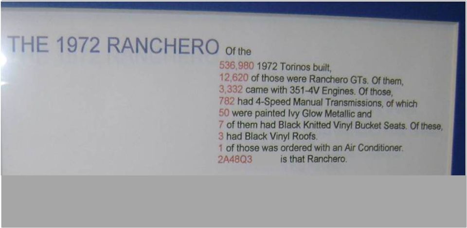 Placard with 1972 Ford Ranchero production statistics