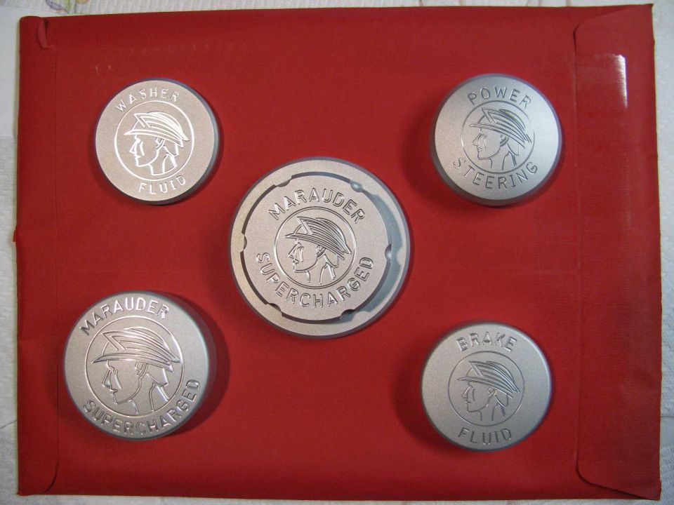 Set of five Marauder Supercharged, Power Steering, Brake Fluid, and Washer Fluid caps