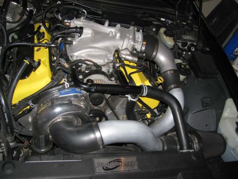2003 Mercury Marauder - Engine bay with ProCharger supercharger and custom intake piping.