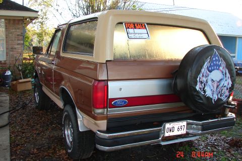 1989 Ford Bronco - This 1989 Ford Bronco is seen from the rear, a brown exterior and a spare tire cover with an eagle and flag design.
