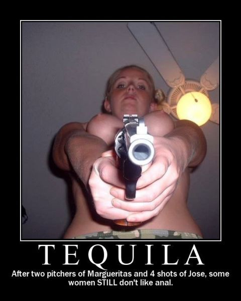 1986 Ford Bronco - A woman holds a handgun in a threatening manner, with text below referencing tequila and women's behavior.
