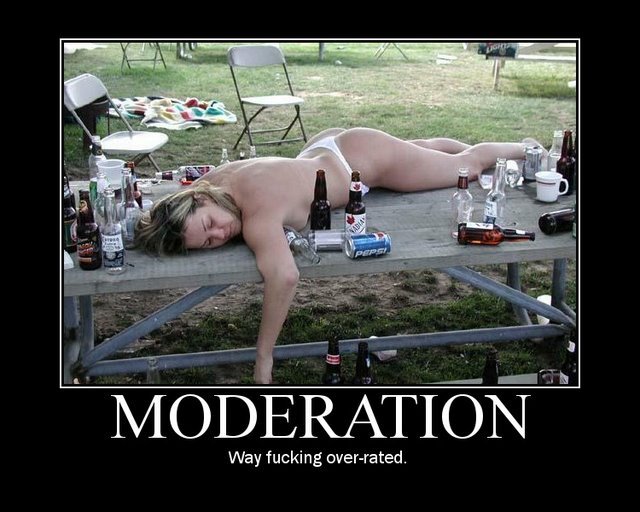 Demotivational meme of a person on a picnic table surrounded by bottles.