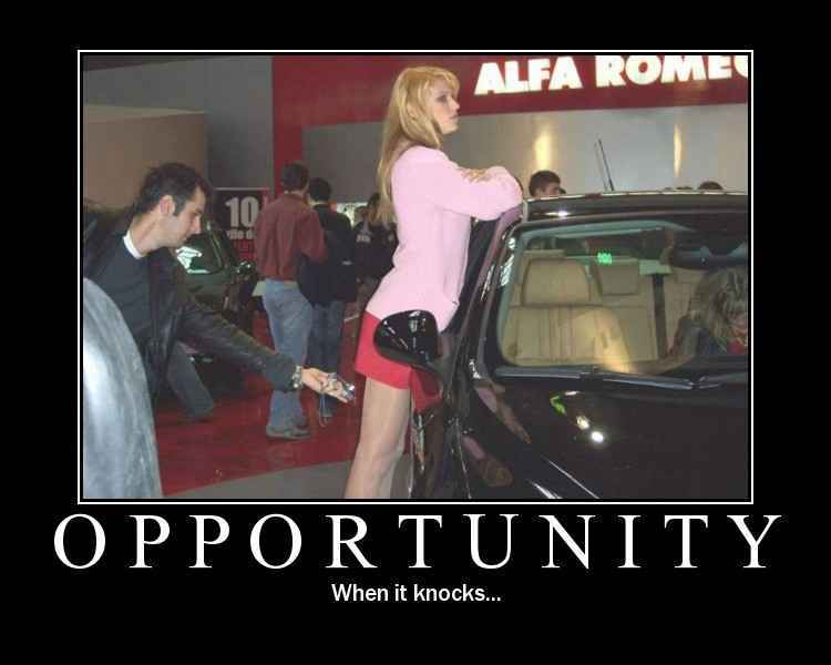 Auto show meme with dark car, model in pink, 'ALFA ROMEO' sign, captioned OPPORTUNITY
