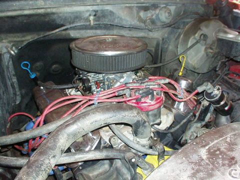 1983 Ford Bronco - Close-up view of a V8 engine bay, showing the carburetor and ignition system components.
