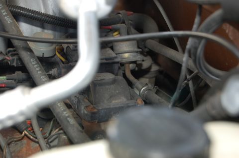 1989 Ford Bronco - Close-up view of the engine compartment of a 1989 Ford Bronco, showing various hoses and electrical wiring.