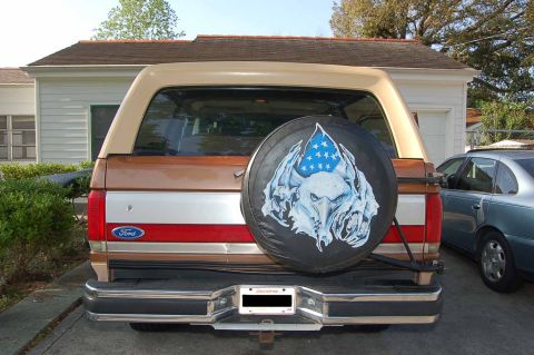 1989 Ford Bronco - Rear view of a 1989 Ford Bronco showing its spare tire cover and chrome bumper.