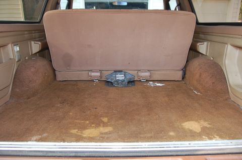 1989 Ford Bronco - The cargo area of a vehicle shows a folded seat and carpeted floor with a central hitch mechanism.