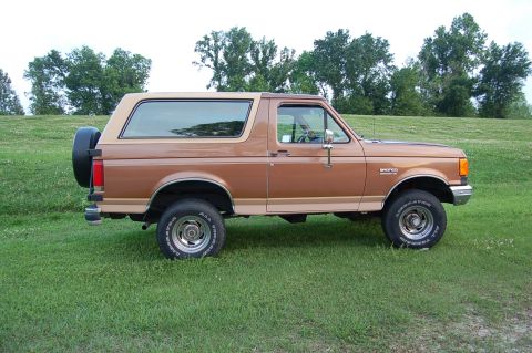 1989 Ford Bronco - A brown 1987 Ford Bronco is shown from the side, parked on a grassy hill with trees in the background.
