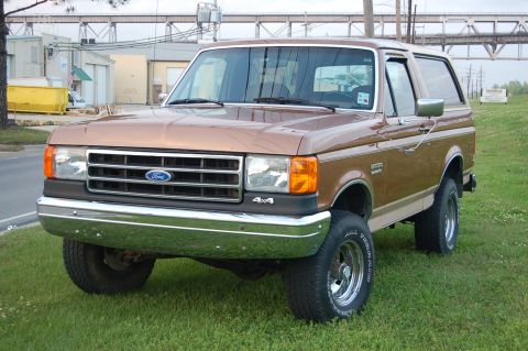 1989 Ford Bronco - A brown Ford Bronco with tan trim is parked on a grassy area, showing its front 3/4 view.