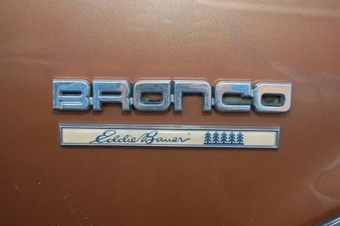 1989 Ford Bronco - Close-up of the Bronco Eddie Bauer emblem, script text and a row of pine trees.