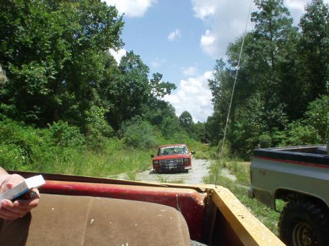 1983 Ford Bronco - A red pickup truck navigates a muddy path surrounded by trees, with another vehicle partially visible in the foreground.