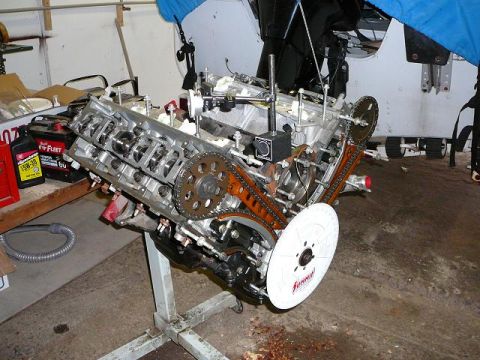 1997 Mercury Grand Marquis - Engine assembly on a stand, possibly undergoing maintenance or modification.