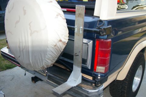 1986 Ford Bronco - Custom spare tire carrier mounted on the rear of a Ford Bronco.