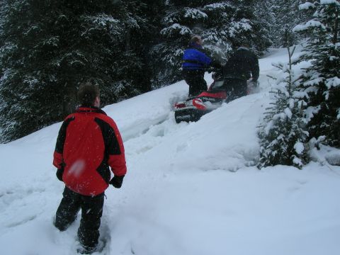 2003 Jeep TJ - Two people ride a red and white snowmobile through a snow-covered forest trail, while another person watches.