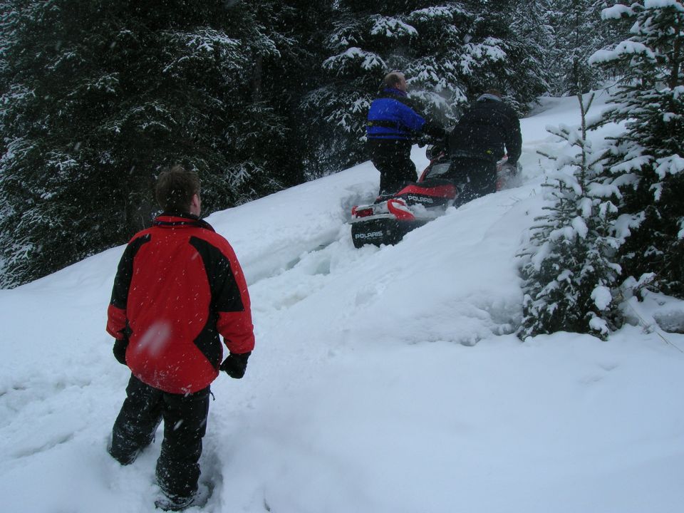 Red and white snowmobile with two riders in a snowy forest