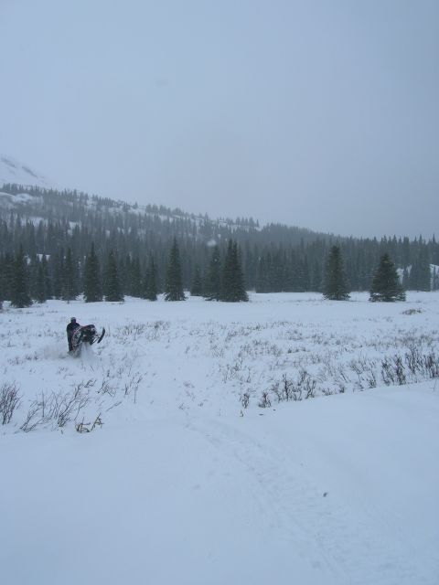 2003 Jeep TJ - A snowmobile navigates a snow-covered field during a snowfall, with a dense forest and hills in the distance.