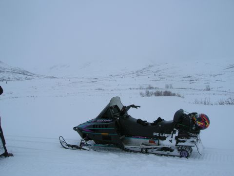 2003 Jeep TJ - A black Polaris snowmobile sits in a snowy landscape under an overcast sky.