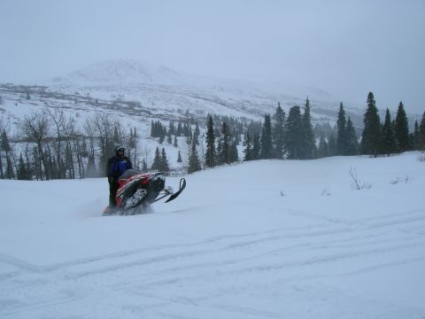 2003 Jeep TJ - A snowmobile navigates a snow-covered landscape under a cloudy sky, with trees and a mountain range visible in the distance.