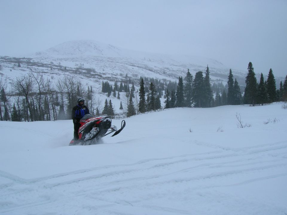 Red and black snowmobile in motion on a snowy hillside with trees and mountains in the background