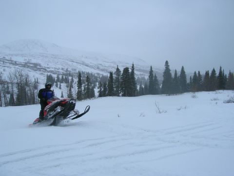 2003 Jeep TJ - A snowmobile navigates a snow-covered terrain under a cloudy sky, with a treeline and mountains visible.