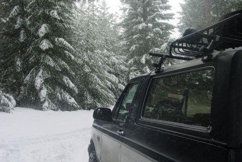 1993 Ford Bronco - A black Ford Bronco is parked on a snowy road surrounded by snow-covered pine trees.