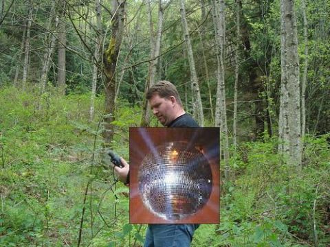 1989 Ford Bronco - A man holds a disco ball in a wooded area, with a Supermotors.net logo in the corner.