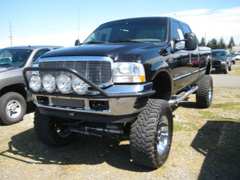 1980 Ford Bronco - This black pickup truck features a prominent chrome grille, a protective bull bar with four lights, and oversized off-road tires.