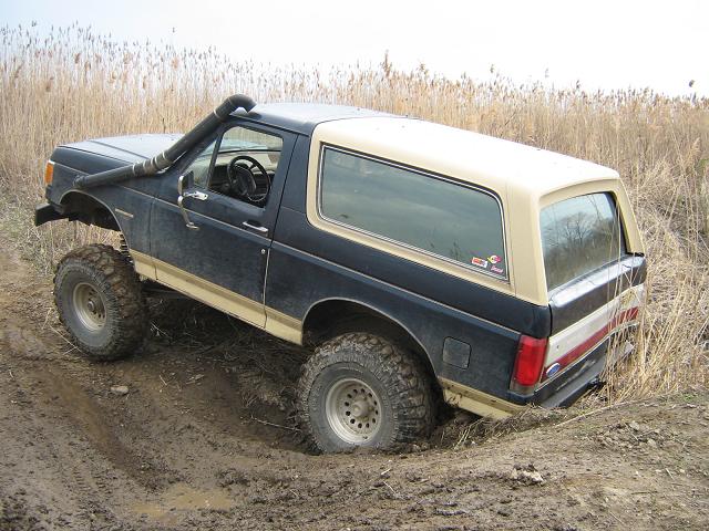 Dark blue Ford Bronco with tan top and snorkel, stuck in mud off-road