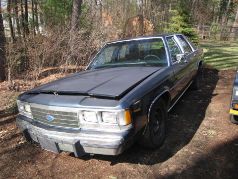 1991 Ford LTD Crown Victoria - A dark blue sedan sits in a wooded area with its hood open, showing a chrome grille and bumper.