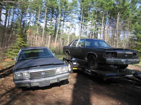 1991 Ford LTD Crown Victoria - Two Ford Crown Victorias are parked in a wooded area, with one loaded onto a trailer.