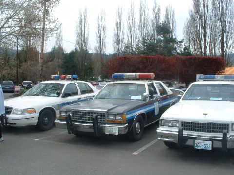 1987 Ford Crown Victoria LTD - Three police cars are parked side-by-side in a lot, with trees and a hedge in the background.
