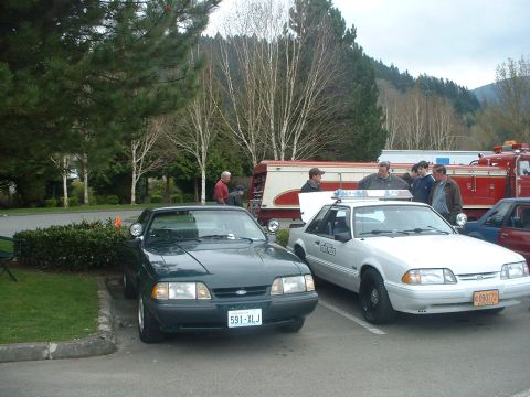 1987 Ford Crown Victoria LTD - Two Ford Mustangs and a fire truck are parked at an outdoor event.
