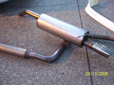 1994 Ford Probe - Close-up of a Borla exhaust muffler with a chrome tip, photographed on April 13, 2008.