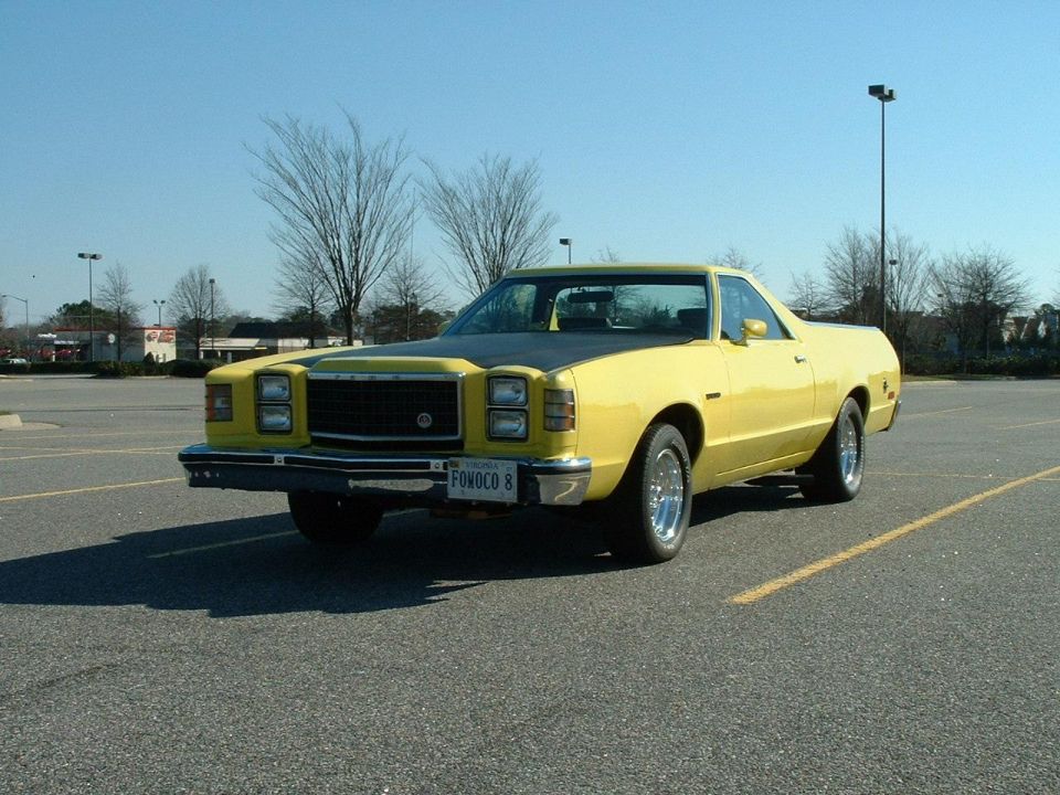 Yellow 1978 Ford Ranchero with black hood and custom plate FOWOCO 8
