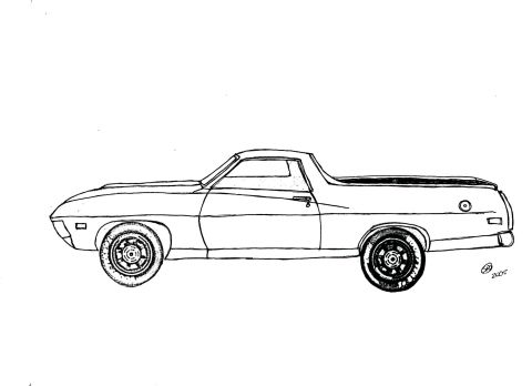 1971 Ford Ranchero - This drawing depicts the side profile of a 1971 Ford Ranchero, a classic car-based pickup.