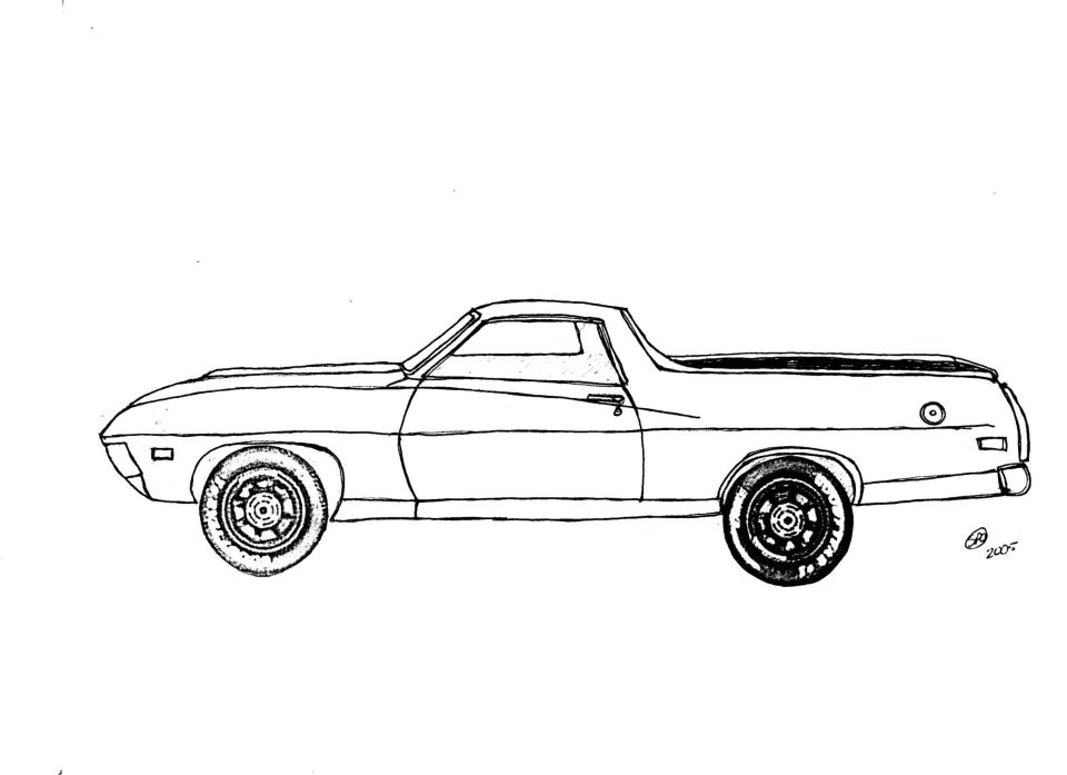 Side view drawing of a 1971 Ford Ranchero pickup truck