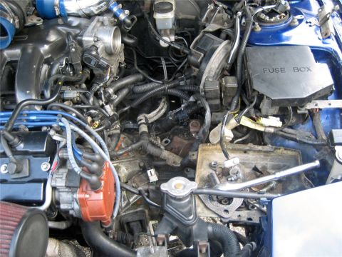 1993 Ford Probe - Detailed engine bay view of a blue vehicle with exposed wiring harness, throttle body, red distributor cap and fuse box.