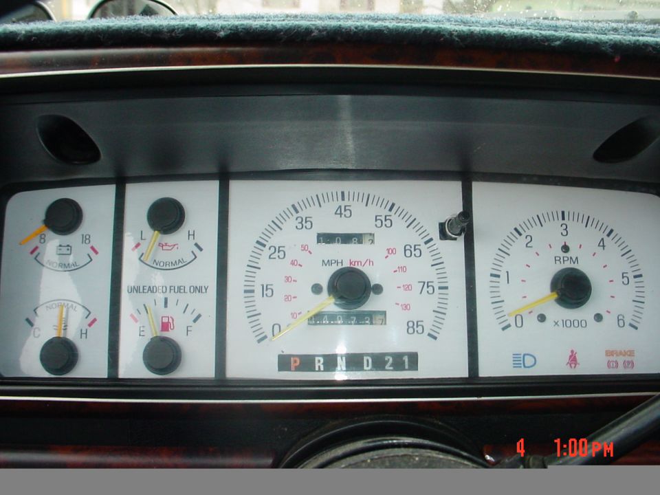Instrument cluster with speedometer to 85, tach, fuel and temp gauges, PRND21 indicator