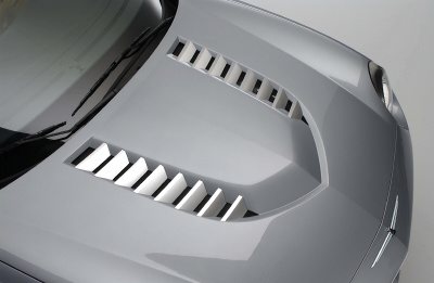 2004 Ford Thunderbird - Close-up view of the hood vents on a gray car.