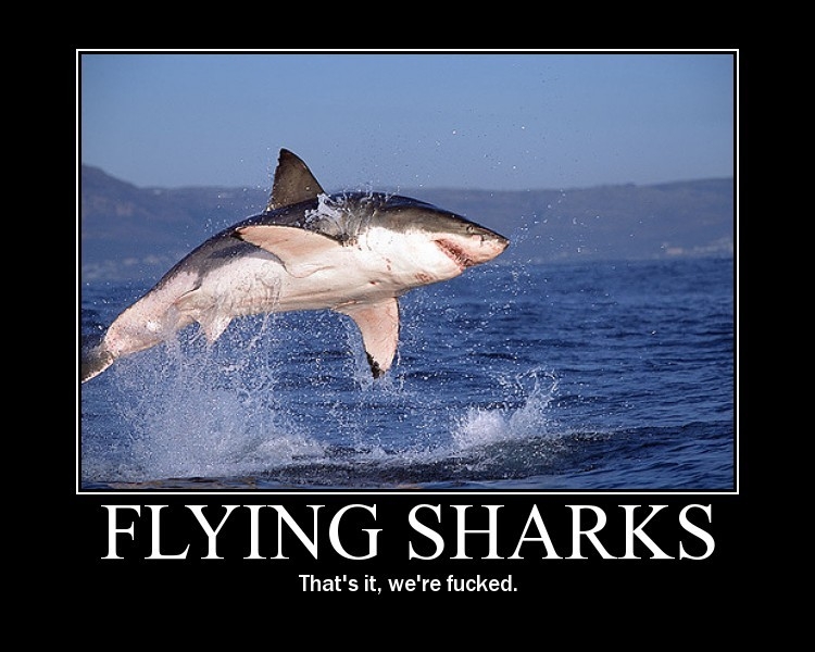 Shark leaping from ocean water with text "FLYING SHARKS" and "That's it, we're fucked."