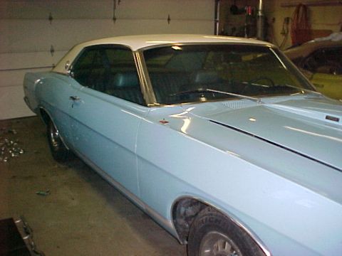1969 Ford Torino - A light blue 1969 Ford Torino coupe with a white roof is parked indoors.
