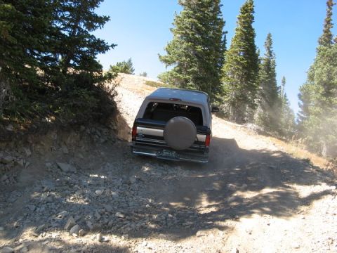 1996 Ford Bronco - Ford Bronco navigates a challenging off-road trail surrounded by trees.