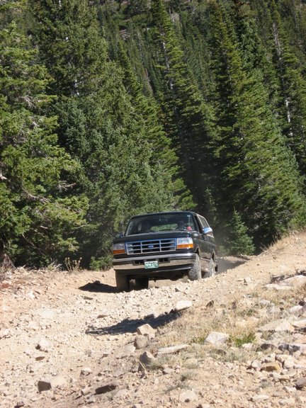 1996 Ford Bronco - A black SUV navigates a rocky dirt road through a forest, kicking up dust.