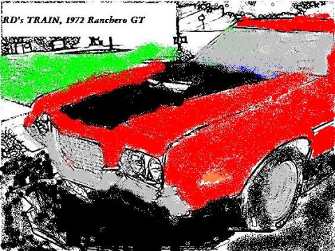 1972 Ford Ranchero - Posterized, hand-colored digital rendering of a Ranchero coupe utility seen from the driver-side front three-quarter angle, with the body f…