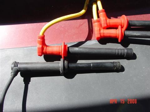 1993 Ford Probe - Close-up of spark plug wires and boots, with a watermark indicating the date April 15, 2008.