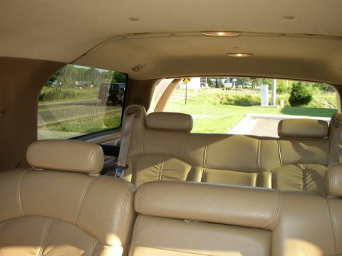 1995 Ford Bronco - Rear interior view of a vehicle with tan leather seats, showing a road and greenery through the window.