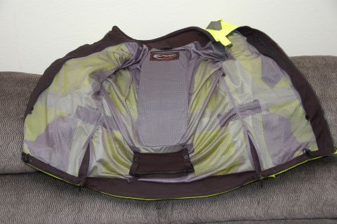 1998 BMW R1100GS ABS - Close-up of the inside of a motorcycle jacket, showing lining and mesh construction.