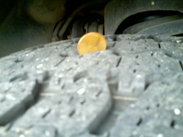 Close-up of a tire tread with a penny on it
