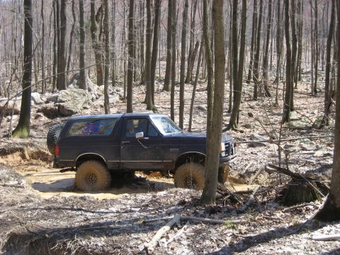 1991 Ford Bronco - A 1991 Ford Bronco drives through a muddy path in a wooded area.